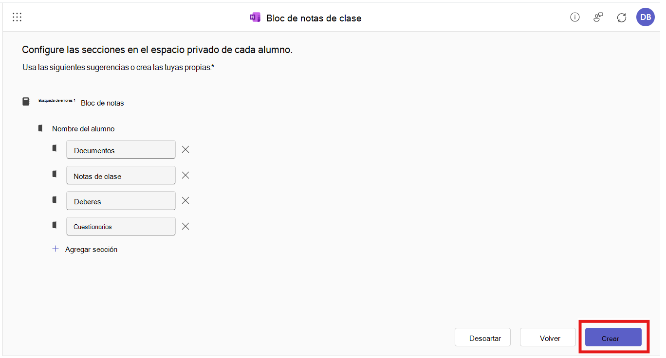 La aplicación Bloc de notas de clase está abierta en la integración de LTI de M365. Se pedirá al usuario que edite y revise los nombres de cada sección del bloc de notas