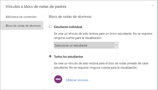 Cree vínculos de solo lectura para blocs de notas de alumnos individuales.
