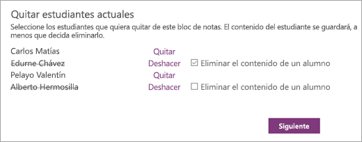 Abra la lista Quitar alumnos actuales con los nombres de los alumnos seleccionados. Una casilla junto al nombre de un alumno seleccionado dice Eliminar contenido de los alumnos.