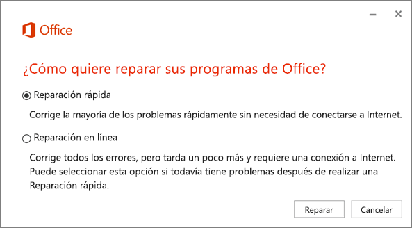 Reparación rápida de Office
