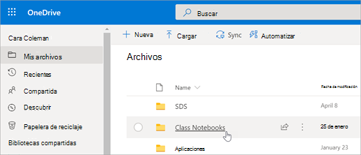 En Mis archivos, seleccione Blocs de notas de clase.