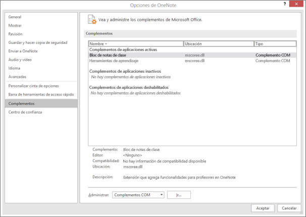 Administre el panel Complementos de Office con Bloc de notas de clase seleccionado. Sección para administrar complementos COM con el botón Ir.