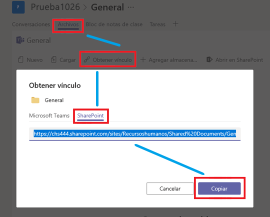 Haga clic en Files, Obtener vínculo, SharePoint y Copiar