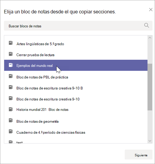 Elija un bloc de notas desde el que copiar secciones.