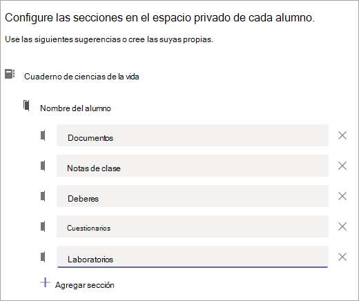 Configure las secciones en el espacio privado de cada alumno.