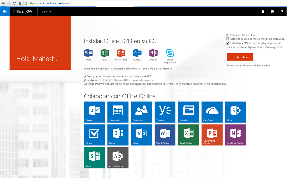 Captura de pantalla de cómo instalar Office 365 en un equipo.