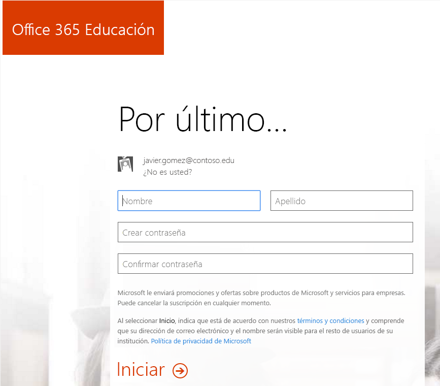Captura de pantalla de la página de creación de contraseñas del proceso de registro de Office 365.