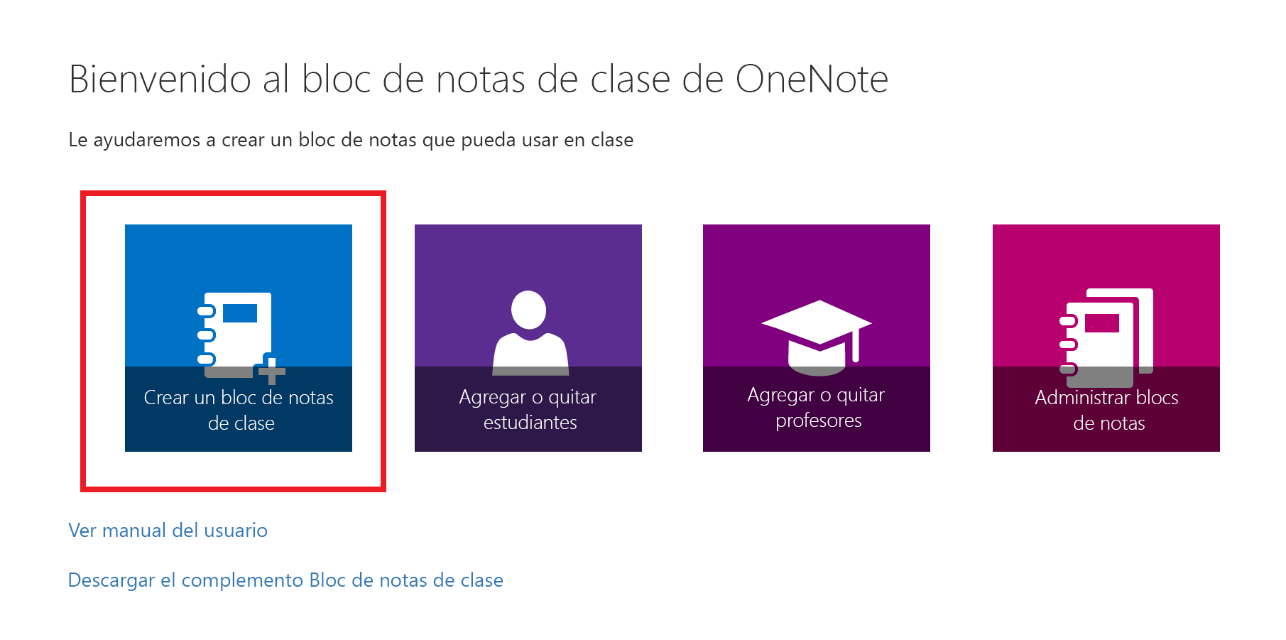 Captura de pantalla de la página de bienvenida de la aplicación Bloc de notas de clase.