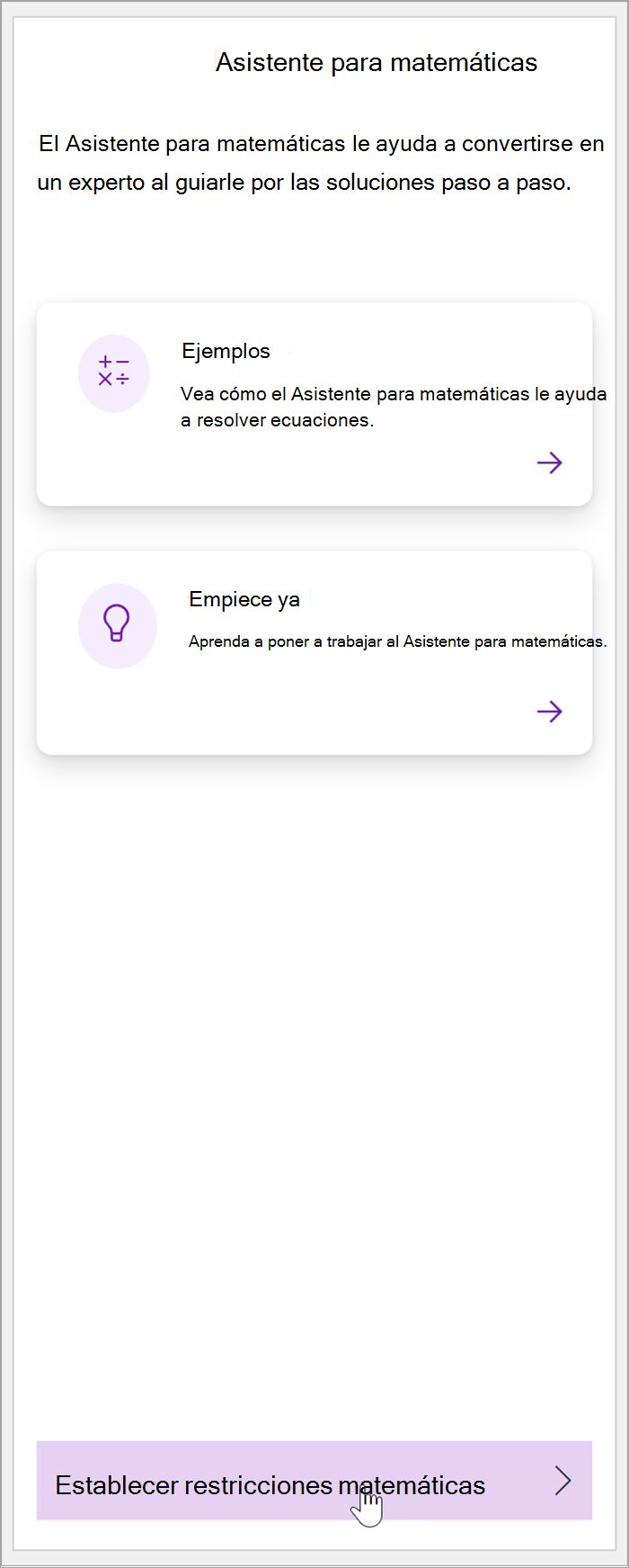 captura de pantalla del panel matemáticas en OneNote. Un cursor se desplaza sobre el botón Establecer restricciones matemáticas