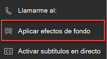 Captura de pantalla que muestra la opción Aplicar efectos de fondo en Teams.