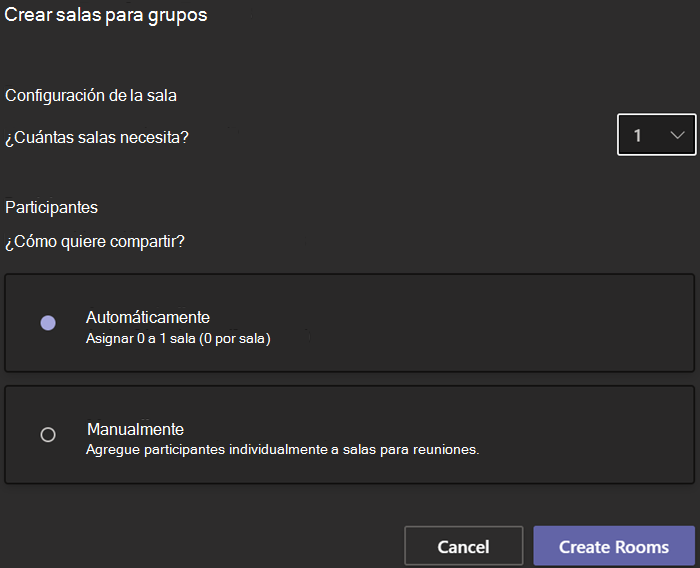 Captura de pantalla que muestra el cuadro de diálogo Crear salas para sesión de subgrupo con opciones para el recuento de salas y la asignación de participantes.