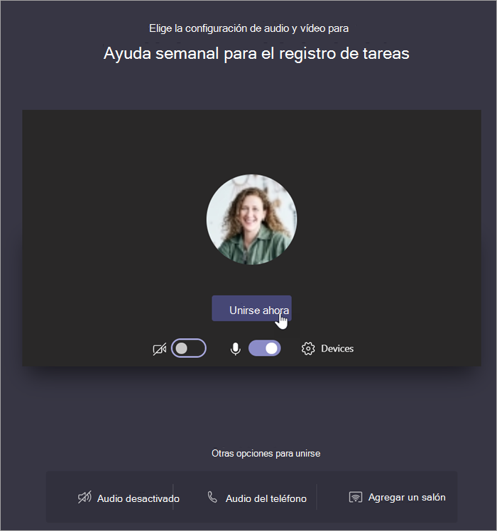 Captura de pantalla que muestra cómo seleccionar Unirse ahora para unirse a la reunión.