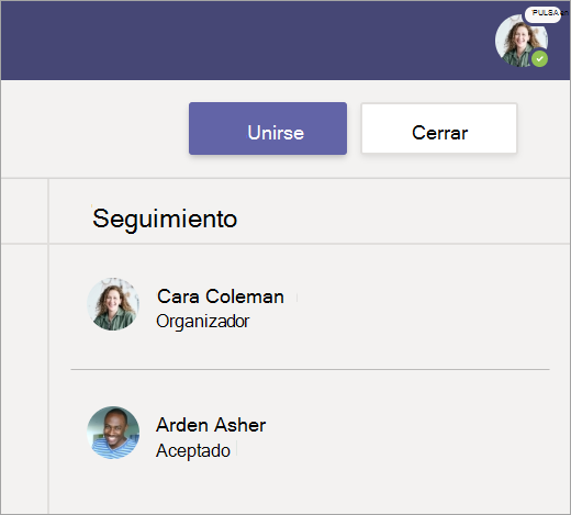 Captura de pantalla que muestra cómo seleccionar Unirse para unirse a la reunión.