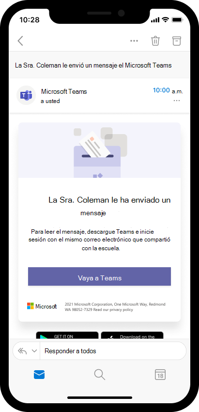 Captura de pantalla del correo electrónico en un dispositivo móvil en el que se invita a los padres a abrir el mensaje para formadores en Teams.