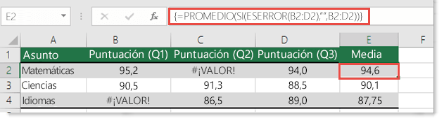 Función de matriz en PROMEDIO para resolver el error #¡VALOR!