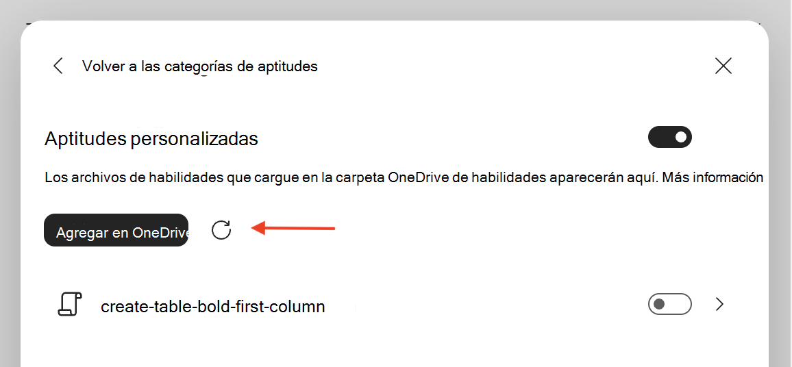 Captura de pantalla del cuadro de diálogo Copilot en Excel Aptitudes personalizadas con el botón Actualizar resaltado.