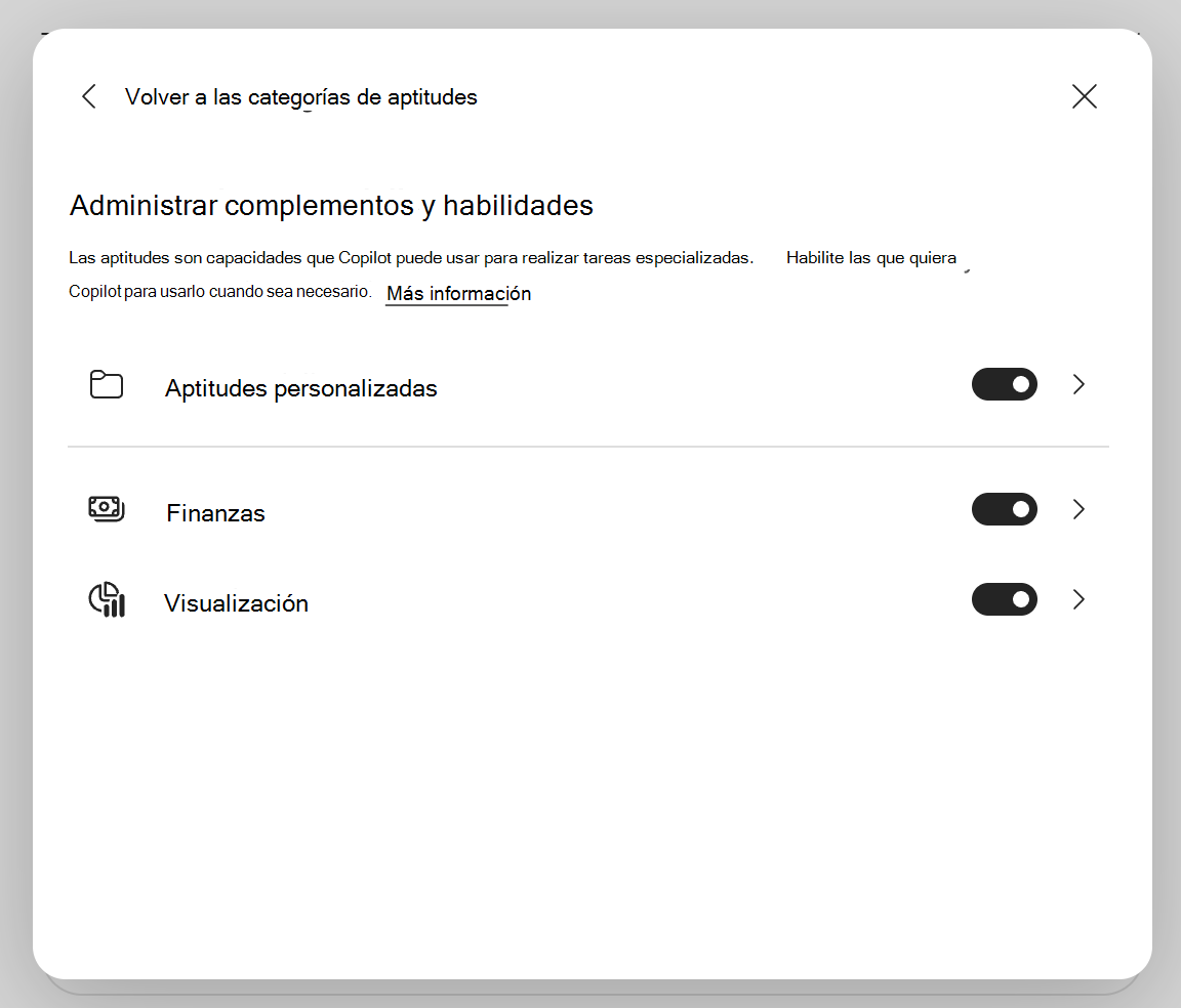Captura de pantalla del cuadro de diálogo Administrar complementos & habilidades de Copilot en Excel.