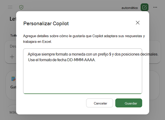 Captura de pantalla del cuadro de diálogo De personalización de Copilot en Excel, incluidos ejemplos en el área de texto.