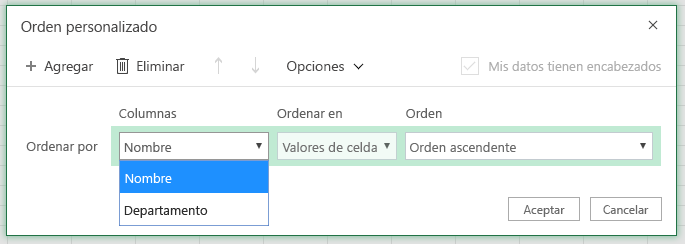 Cuadro de diálogo de orden personalizado con la ordenación por columna de fila seleccionada en la columna Nombre
