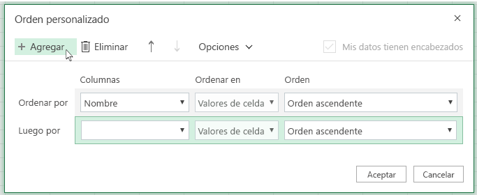 Después de hacer clic en Agregar, aparecerá otro nivel de ordenación en la lista cerca de Luego por
