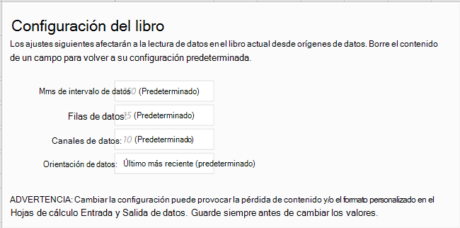 Mostrar la pestaña Configuración del libro para el Transmisor de datos