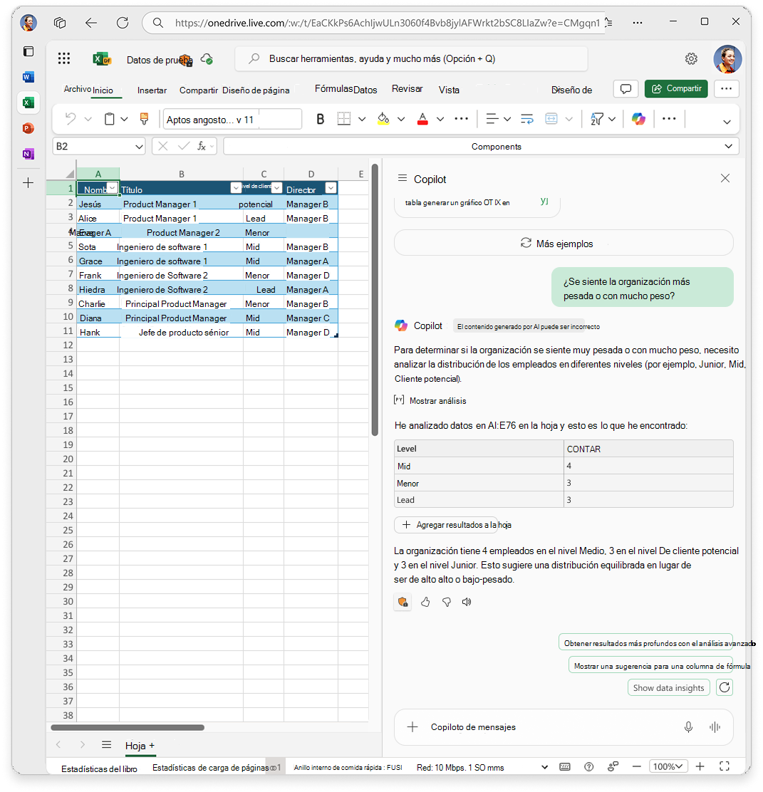 Captura de pantalla que muestra el panel de chat de Copilot con un aviso y una respuesta para el análisis de datos.