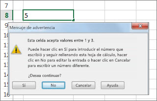 Mensaje de advertencia que indica datos no válidos