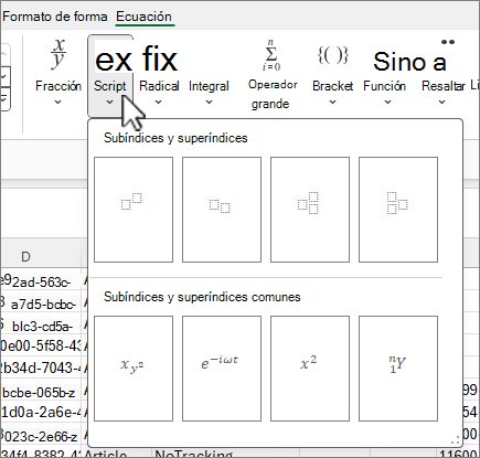 Pestaña Ecuación con el botón de script seleccionado