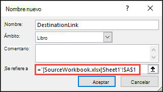 Agregar un nombre definido a un libro externo desde Nombres > definidos por fórmulas > Define Name > New Name.