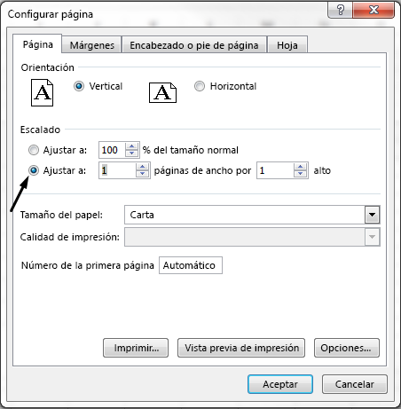Defina la opción Ajustar a en el cuadro de diálogo Configurar página.