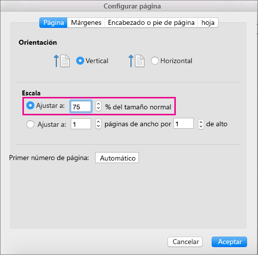 Cuadro Configuración de página, con Ajustar a seleccionado
