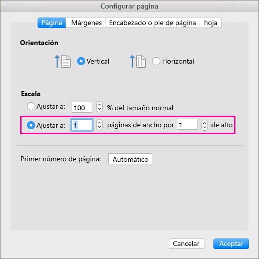 Cuadro de diálogo Configuración de página, con Ajustar a seleccionado
