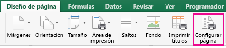 En la pestaña Diseño de página, seleccione Configuración de página