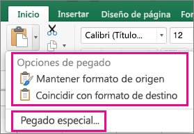 Menú Pegar, en el que se muestran las opciones y Pegado especial