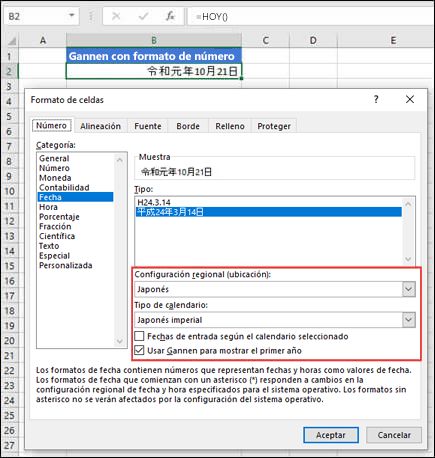 Imagen del diálogo de Formato de celdas en el panel de Números con el formato de fecha Gannen aplicado.
