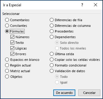Cuadro de diálogo Ir a Especial