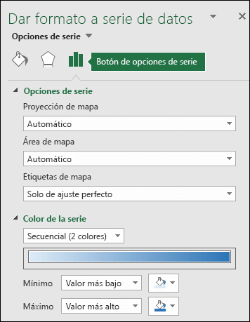 Opciones de serie del panel Formato de objetos del gráfico de mapa de Excel
