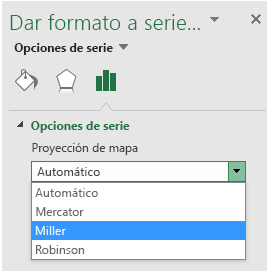 Opciones de proyección de gráfico de mapa de Excel
