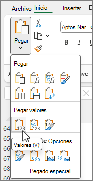 Botón Pegar valores en la galería de opciones