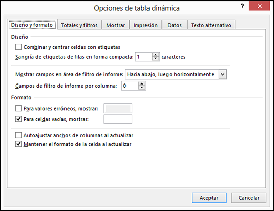 Cuadro de diálogo Opciones de tabla dinámica