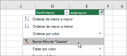 Menú de filtros, Borrar filtro de ...