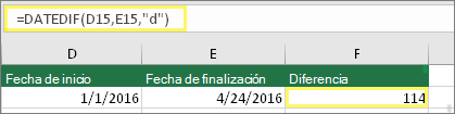 Celda D15 con 1/1/2016, celda E15 con 24/4/2016, celda F15 con la fórmula: =DATEDIF(D15,E15,d) y resultado de 114