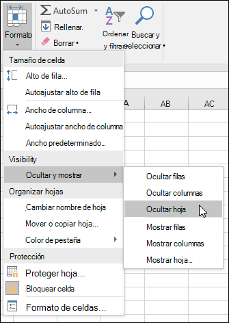 Ocultar o mostrar hojas de cálculo en Inicio. > Celdas > Formato > de la viabilidad > Ocultar & Mostrar