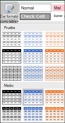 Selecciones de la Galería de estilos de Excel para Dar formato como tabla