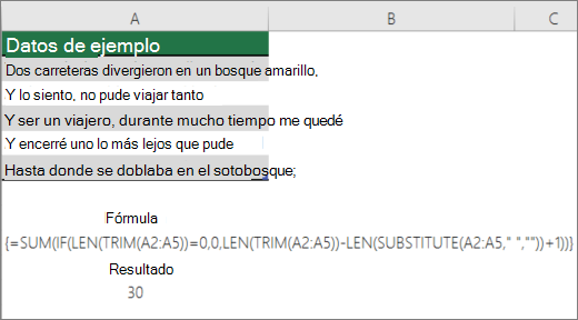 Ejemplo de una fórmula anidada para contar palabras