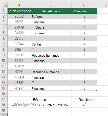 Ejemplo de función FILAS y COLUMNAS para contar el número de celdas de un rango