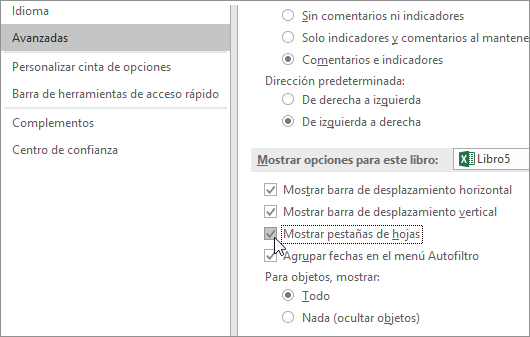 Mostrar pestañas de hojas en opciones de Excel