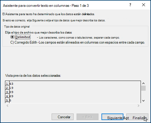 Imagen del cuadro de diálogo Texto de datos > en columnas