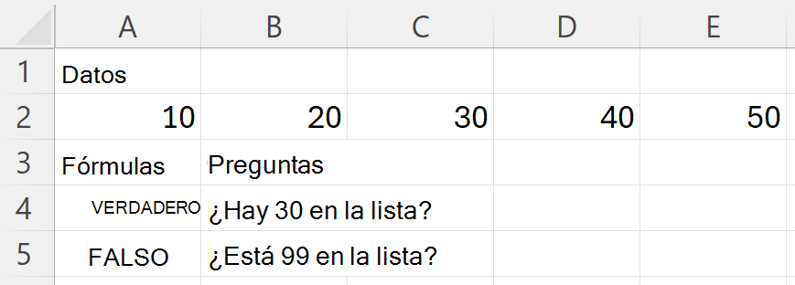 HAS devuelve VERDADERO para 30 y FALSO para 99 cuando se busca en un rango que contiene 10, 20, 30, 40 y 50