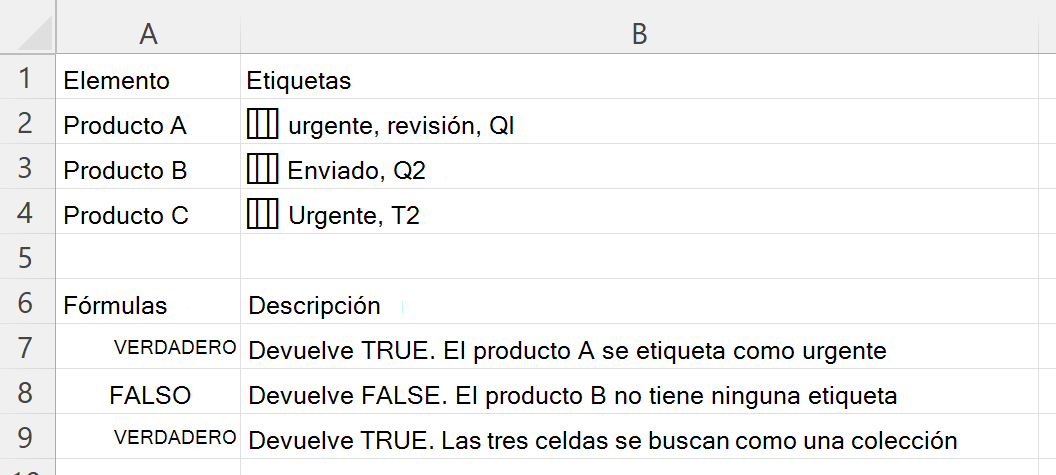 Uso de HASANY para comprobar si una celda que contiene una matriz anidada de etiquetas incluye cualquiera de las etiquetas elegidas